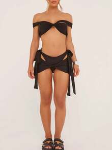 Women's 3 Piece Off Shoulder High Cut Bikini Set With Tie Side Cover Ups - Black - View 3
