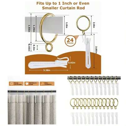 1.25 Inch Curtain Rings With Hooks, 24 Pack Gold Metal Drapery Rings With Pins Fits To 1 Inch Curtain Rods