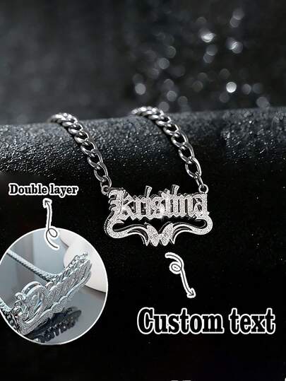 Customized Name Necklace, Stainless Steel Cuban Chain, Personalized Heart, Butterfly, Crown 3D Nameplate Pendant, Bling Bling Design, Fashionable & Luxurious, Unisex Jewelry, Gift For Boyfriend, Anniversary, Father's Day, Valentine's Day