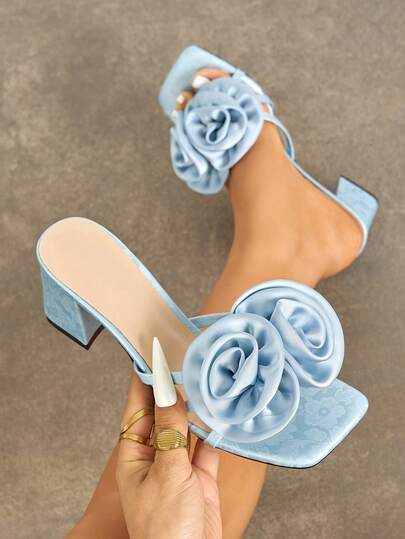 Women's High Heel Shoes, Suitable For Spring/Summer Nightclub, Outdoor Travel, Shopping, Party, Stage Show, Commuting, Evening Party, Valentine's Day Gift, Date, Fashion Celebrity High-End Banquet. Solid Color Matte Floral Pattern Square Toe One-Piece Thick Heel Sexy, Avant-Garde Luxurious Style, Matching Women's Dresses, Suits, Refreshing Sweet, Versatile Light Blue High Heel Sandals