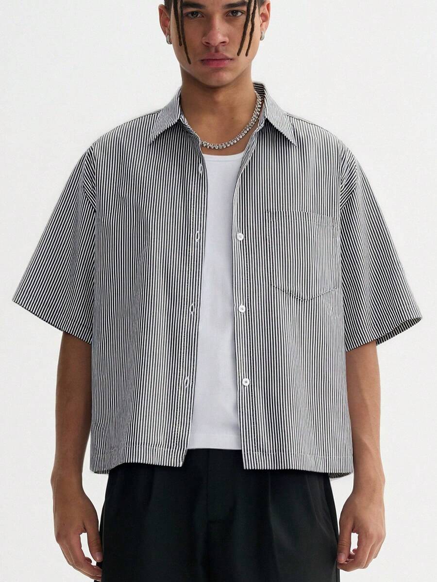 Men's Boxy Oversized Striped Button Up Shirt - màu đen - Xem 1