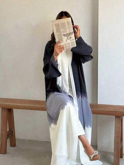 Eid Elegant Robe, Tie-Dye Design And Drop Shoulder Sleeves, Casual Flowing Fabric, Slightly Stretchy
