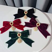 1pc French Court Retro Burgundy Velvet Heart Bow Brooch Autumn Winter Creative Light Luxury Bow Tie Women's Collar Accessories - 墨綠色 - 查看 1