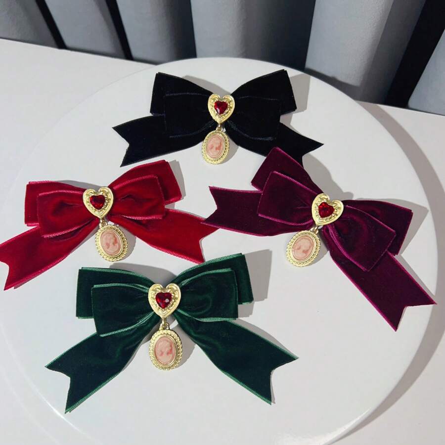 1pc French Court Retro Burgundy Velvet Heart Bow Brooch Autumn Winter Creative Light Luxury Bow Tie Women's Collar Accessories - 墨綠色 - 查看 1