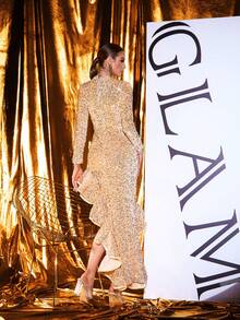 Elegant Formal Long Sleeve Dress With Ruffle Hem And Sequin Patchwork, Fitted Silhouette Wedding Spring Party - Gold - View 7