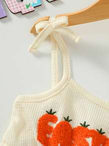 1件女婴复活节休闲可爱杏色针织吊带方领刺绣胡萝卜印花连体衣，配喇叭裤，夏季 - 杏色 - 查看 4