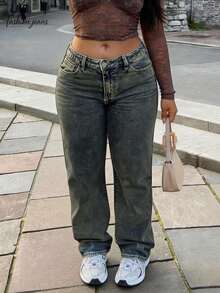 女士加大码 Y2K 复古水洗宽松直筒牛仔裤 - 舒适透气，春季时尚牛仔裤 - 懷舊色 - 查看 3