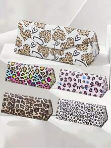 1pc Foldable Minimalist Heart-Shaped Glasses Case, Unisex Portable Casual Leopard Print PU Leather Box - Multicolor - View 7
