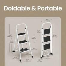 3-Step Ladder, Folding Ladder, Safety Lock, Space-Saving Storage, White - White - View 5