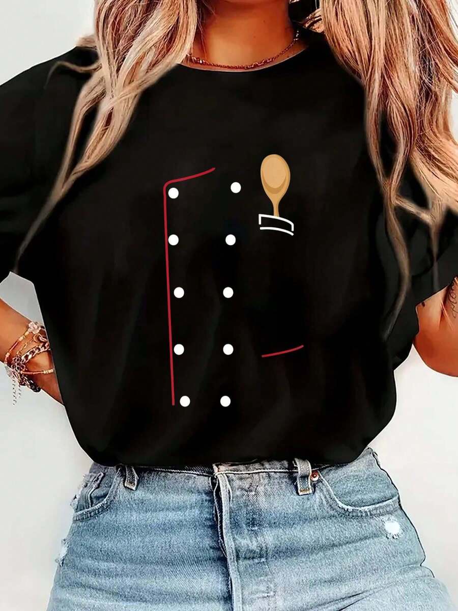 100% Cotton Chef Coat T-Shirt-Chef Uniform Jacket Shirt-Culinary T-Shirt Women's Summer Vacation Soft Tee Relaxed Fit Classic Comfort Tops - 黑色 - 查看 1