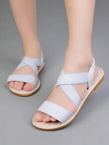 1 đôi dép xăng đan đế bằng cho bé gái, mẫu mới mùa xuân/hè 2026, quai thun, đế mềm, kiểu dáng thường ngày, nhanh khô, dép thể thao, giày đi biển hở mũi tối giản thời trang. - trắng - Xem 5