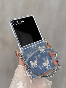 Women's Foldable Phone Case With Side Metal Buckle, Denim, 3 Rhinestones, Butterfly, Wrist Strap, Protective Cover, Fashionable Design, Suitable For Samsung Galaxy Z Flip7, Galaxy Z Flip7 FE, Galaxy Z Flip6, Galaxy Z Flip5 - Multicolor - View 14