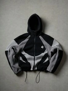 Men's Black & Grey Patchwork Sherpa Lined Hoodie Jacket, Loose Street Style Warm Outerwear - Black - View 2