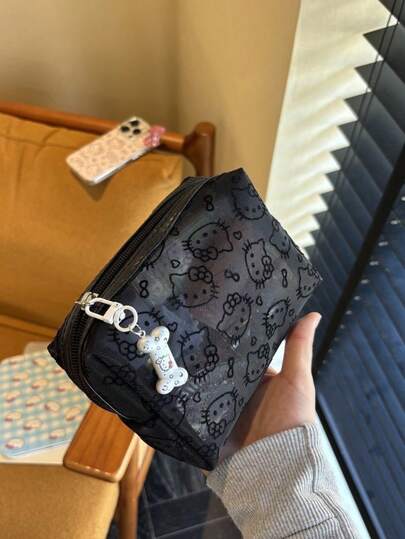 SANRIO 1个三丽鸥Hello Kitty网眼铅笔盒，便携式化妆包，大容量铅笔盒，简约黑色铅笔盒，耐用多功能文具收纳袋，多用途整理袋，适合学校、文具、节日礼物、返校季、情人节、旅行必备