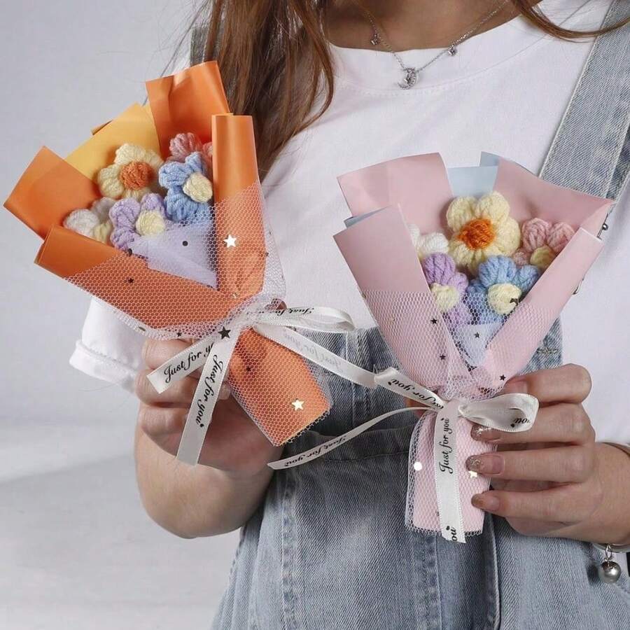 Mothers Day Women Day Handmade Knitted Puff Flower Bouquet Mini Yarn Floral Arrangement Creative Home Decor Gift Idea Crochet Craft Soft Textured Centerpiece - Nhiều màu - Xem 1