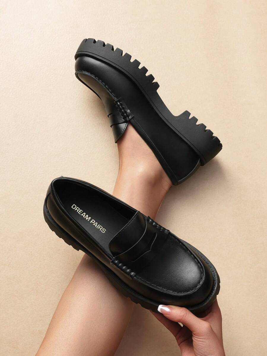 Women Platform Loafers 1.57-Inch Chunky Mid-Heel Flatform Loafer Round Toe Versatile Classic Casual Slip On Shoes, 2026 New Spring Summer Shoes - 黑色 - 查看 1