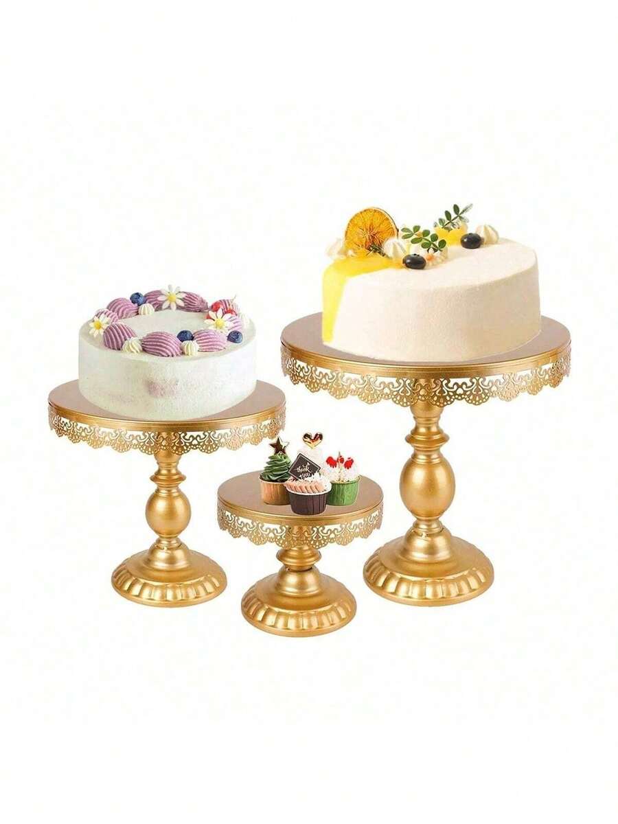 1 pieza Soporte redondo dorado para pastel, bandeja de postre con decoración elegante de encaje, adecuado para bodas, cumpleaños, fiestas, celebraciones, exhibición de pasteles - Multicolor - Ver 1