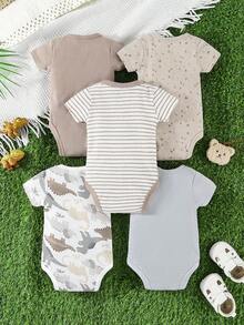 Children's 5-Piece Triangular Jumpsuit Set, With Short Sleeves, Cartoon Stripe And Dinosaur Print, Soft And Comfortable, Ideal For Outdoor Activities. - Màu Khaki - Xem 2