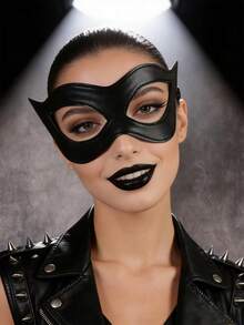 1pc Half Face Cat Eye Mask, Women's Black PU Leather Cat Mask, Suitable For Halloween Party Cosplay - Black - View 4