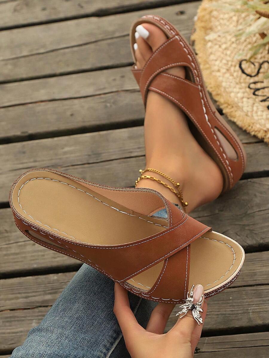 Plus Size Women's Cross-Border 2025 Summer New Hollow Out Solid Floral Open Toe Wedge Comfortable Versatile Lightweight Slide Sandals