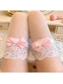 1 Pair Pink Long Stockings Popular Royal Sister Skin Translucent Black Silk Thin Lace Lace Butterfly Over The Knee Stockings - 粉色 - 查看 4