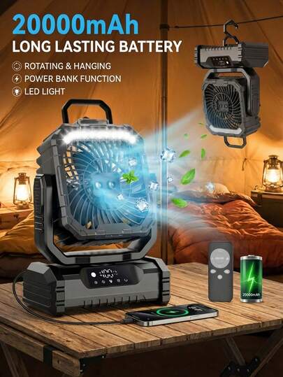 20000mAh Portable Fan With Light And Mist, Rechargeable Battery Powered Camping Fan With LED Light, 2 Mist Sprayers, USB Outdoor Tent Fan With Hook, Suitable For Outdoor, Hiking, Patio, Travel, Beach