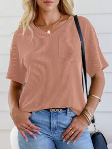 CILKOO 女士宽松扭结口袋V领休闲短袖T恤，春夏款 - 棕色 - 查看 7