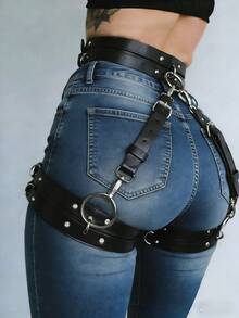 1pc Sexy Garter Belt PU Leather Restraint Strap Gothic Lingerie Body Waist Belt Thigh High Stockings Suspender Leg Restraint - Black - View 1