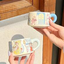 卡通咖啡杯碟图案马克杯，优雅下午茶杯，精美陶瓷杯，送给她的礼物 - 彩色 - 查看 8