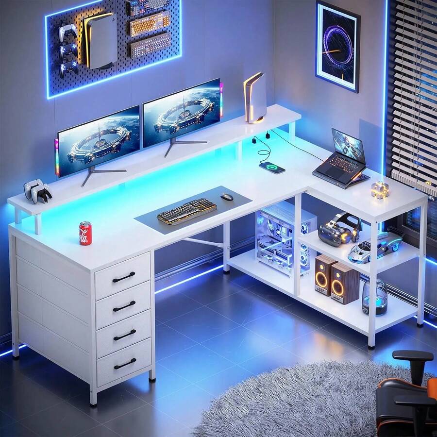 Escritorio reversible en forma de L con cuatro cajones e iluminación LED 130 cm de largo, con dos puertos USB y dos tomas de corriente. - Blanco - Ver 1