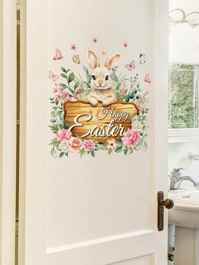 1/2/3PCS Cartoon Easter Bunny Floral English Wall Stickers For Living Room And Bedroom Home Holiday Decor ...