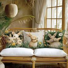 4件套春季复活节蒲公英兔子图案抱枕套，单面印花桃绒涤纶材质，45*45厘米，适用于现代布艺沙发室内装饰、派对装饰、礼品 - 彩色 - 查看 4