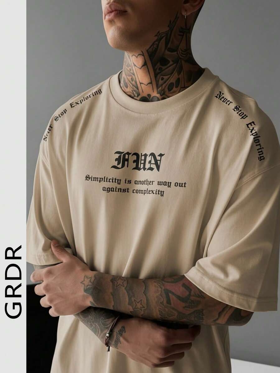 GRDR Men's Fashionable Classic Print Short Sleeve T-Shirt, Casual Summer Essential Top - Apricot - View 1