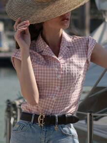 QIANZHIDU 女士甜美休闲优雅简约复古迷人衬衫，翻领设计，可卷起袖子，前中纽扣，粉白撞色格纹图案，是下午茶聚会、生日庆祝等夏季活动的完美之选。 - 粉色 - 查看 6