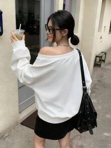 Women's Letter & Dance Shoes Print Drop Shoulder Long Sleeve Casual Ribbed Sweatshirt - White - View 3