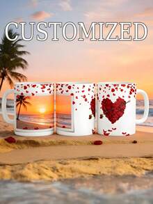 Customized Rose Heart-Shaped Photo Mug Set, Valentine's Day Photo Mug, Photo Mug Heat Sublimation Design, Valentine's Day Photo Mug, Personalized Mug, Couple Mug, Valentine's Day, Newlyweds, New Year, Suitable For Gifting To Dad, Mom, Friends And Colleagues, New Year Gift, Wedding Gift, Gift, Romantic Design, Handmade Gift - Multicolor - View 3