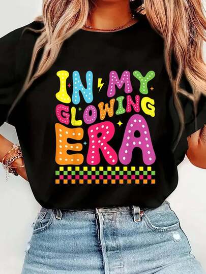100% Cotton In My Glowing Era Groovy Retro Funny Summer Vacation T-Shirt Short Sleeve Round Neck Casual Top For Summer & Spring, Women's Men's Graphic Tee