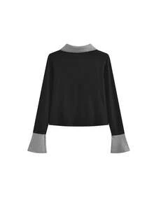 Slim Fit Color Block Long Sleeve T-Shirt For Women - Black and Gray - View 3