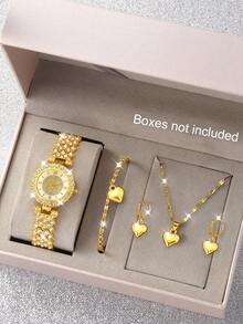 5pcs Set: Rhinestone Gold Quartz Watch, Heart Bracelet Jewelry, Chain Strap Lightweight Luxury Women's Watch Gift - Gold - View 5