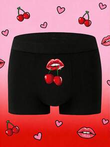 1 pièce Caleçon noir pour homme, imprimé de lèvres rouges et de cerises amusantes - super confortable, stretch moyen, coupe slim, sous-vêtements décontractés durables, nouveaux sous-vêtements pour hommes, sous-vêtements de cyclisme, cadeau idéal pour homme, tenue de mariage - Noir - Voir 2