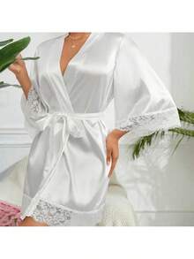 1 bucată halat de baie elegant pentru femei, culoare solidă, cu talie legată, toamnă/iarnă, pijamale sexy scurte din satin de mătase moale, potrivite pentru mirese, domnișoare de onoare, ținute de casă, halat scurt pentru sezonul nunții, imprimeu monogramă, halat de baie și pijamale pentru baie, decor pentru baie - alb - Vizualizare 5