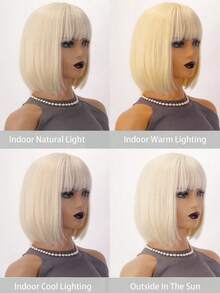 12 Inch Straight Synthetic Fiber Elegant Women's Golden Bobo Wig With Bangs, High-Density Bob Wig Suitable For Daily Wear And Parties, Party Accessories | Shoulder Length Wig | Synthetic Fiber Wig - Gold - View 9