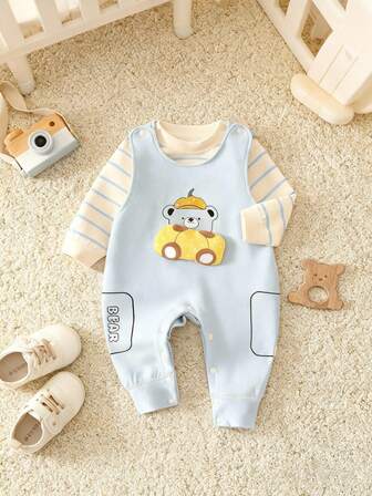 2pcs/Set Baby Boy Cute Overalls, Cartoon Car & Pumpkin Bear Bib Pants And Striped Round Neck Long Sleeve T-Shirt Set, Suitable For Autumn/Winter Wear