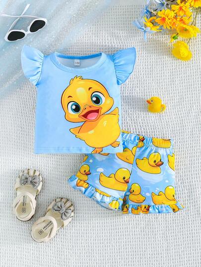 2pcs/Set Girls Summer Casual Duck Print Short Sleeve T-Shirt With Ruffle Cuff And Ruffle Hem Shorts