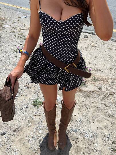 Polka Dot Contrast Color Cute Casual Sexy Ruffle Waist A-Line Cami Dress, Beach Party Vacation Holiday Dating, Polka Dot Dress, Casual Dresses For Women, Vacation Outfits Women, Summer Holiday Outfits, Black Dress