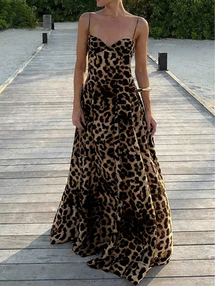 Women's Leopard Print Sleeveless Backless High Waist Dress, Elegant Woven Fabric, Summer