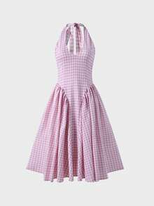 Elegant Plaid V-Neck Waist Flare Midi Dress, Romantic Date & Holiday Dress For Women - Pink - View 8