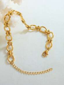 Nooxian 1pc Women's Bracelet, Waterproof Beach Vacation Layered Style, Stainless Steel Hollow Oval Handmade Chain Bracelet, Daily Accessory Gift (Chain Links & Beads Quantity Random) - Yellow Gold - View 3