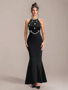 Black Mermaid Gown With Rhinestone Backless Design, Luxurious And Sexy, Perfect For Formal Occasions - Black - View 7