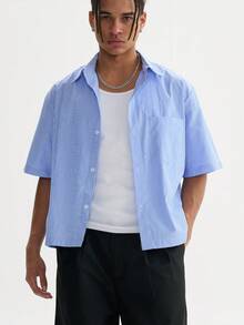 Men's Boxy Oversized Striped Button Up Shirt - 藍色 - 查看 7